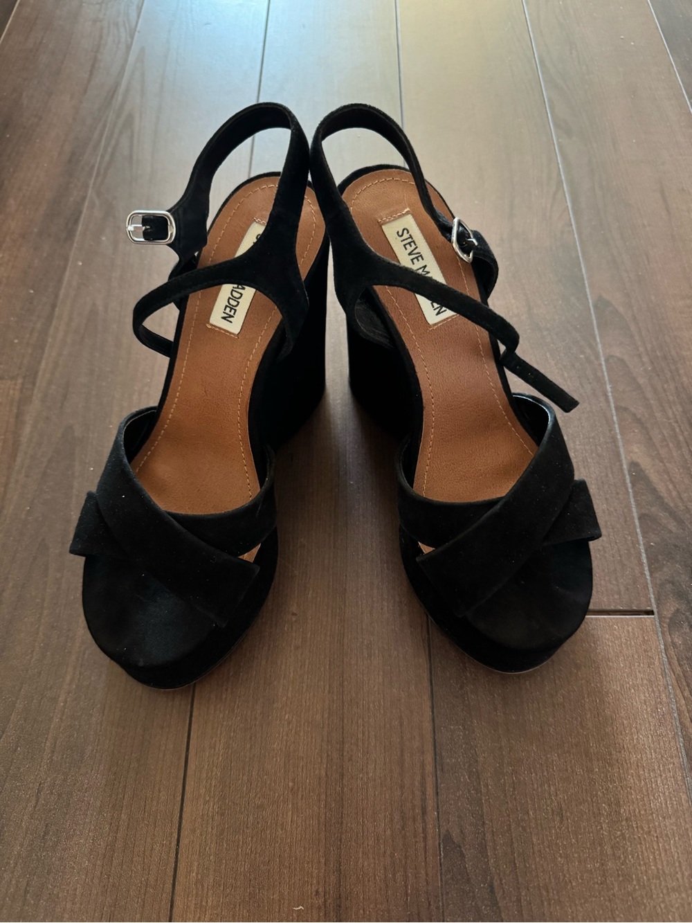 Steve Madden Black Suede Crisscross Ankle-Strap Wedges